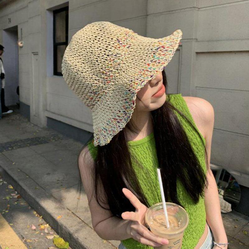 Women Handwoven Rainbow Straw  - Bucket Hat Straw 评论和价格